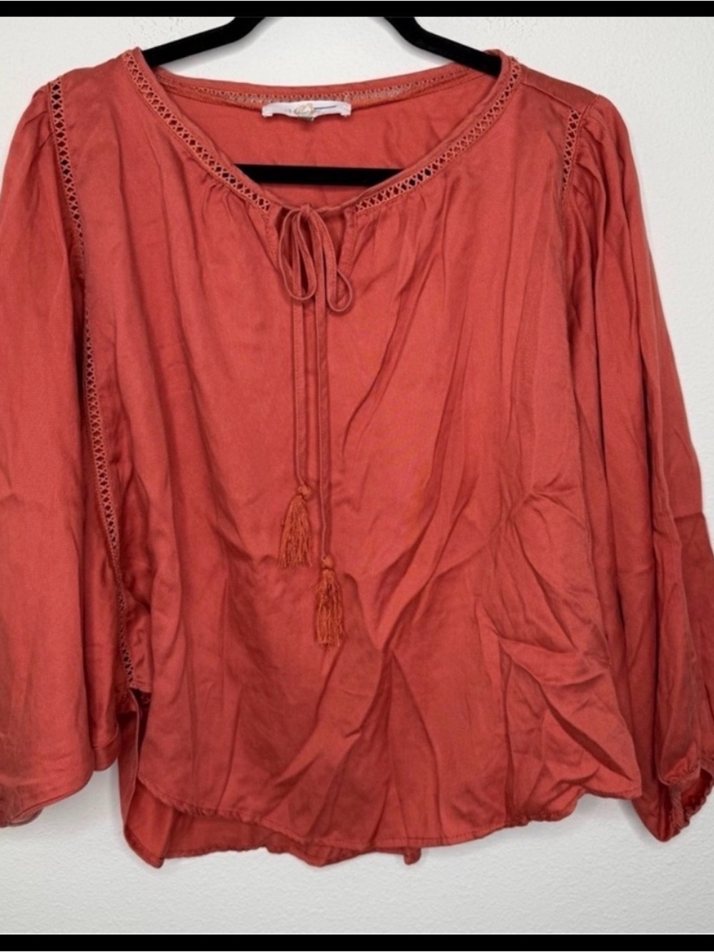 Womens Rusty Orange  Tie-Neck Peasant Blouse